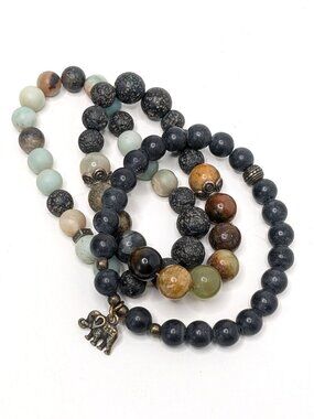 Lava Rock Elephant Charm Stretch Bracelets Set of 3 - Boho Healing Bead Stack